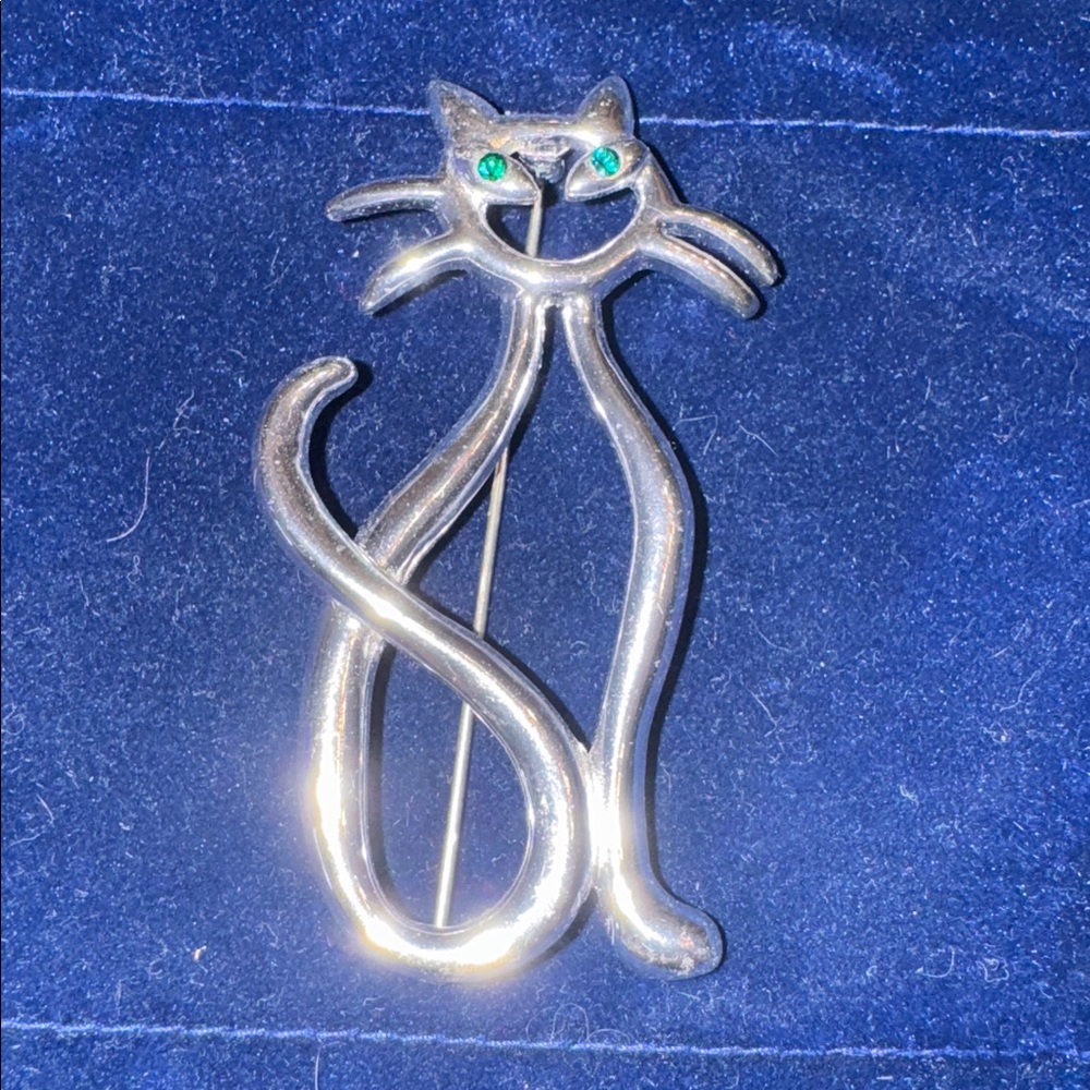 FERNANDO ORIGINALS CAT silver toned pin marked modernest green eyed 🐈‍⬛